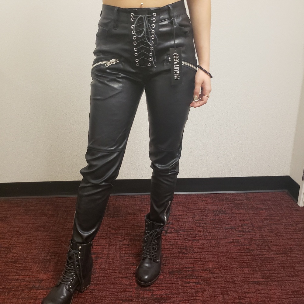 Leather lace-up pants
